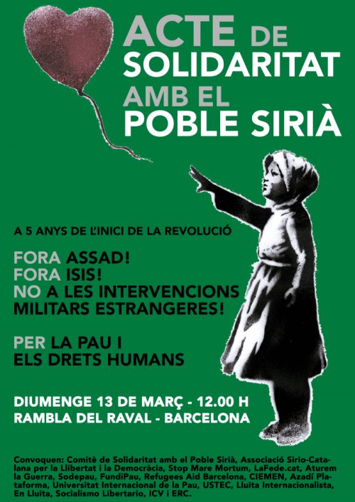 Una red de entidades catalanas convoca un acto de solidaritat con el pueblo sirio el domigno 13 de marzo