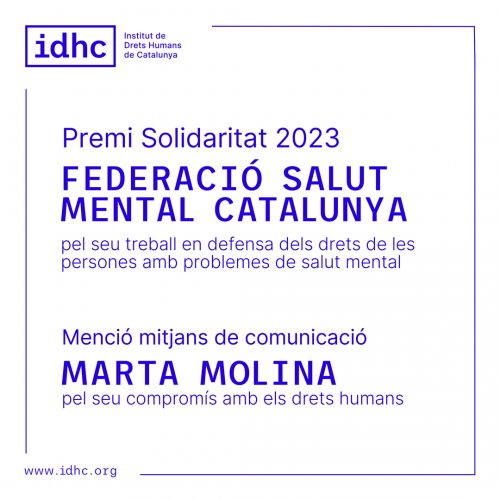 La Federació Salut Mental Catalunya, Premi Solidaritat 2023 pel seu treball en defensa dels drets de les persones amb problemes de salut mental
