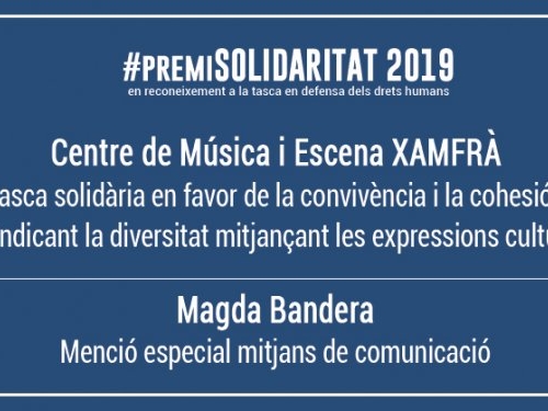 El Centro de Música y Escena Xamfrà, galardonado con el Premi Solidaritat 2019