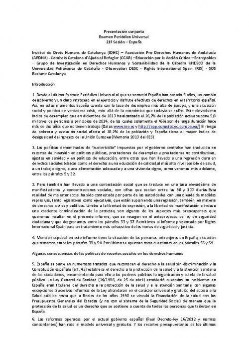 Informe: denuncia de los retrocesos en derechos humanos en España. Examen Periódico Universal