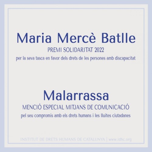 Acte de lliurament del Premi Solidaritat a Mercè Batlle i de la Menció Mitjans de Comunicació al periòdic Malarrassa